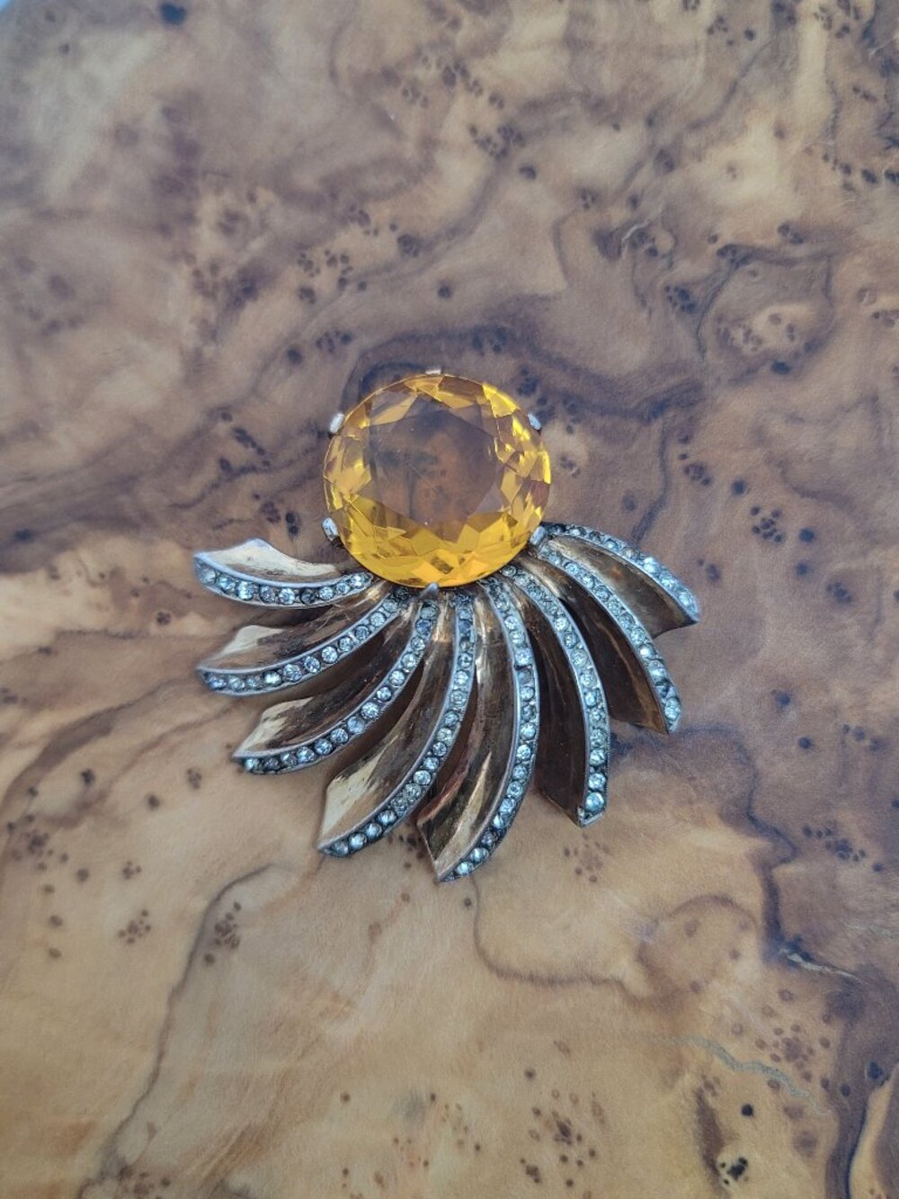 RARE Retro Glass, Rhinestone & Sterling Sunburst Spray Brooch by Crown Trifari